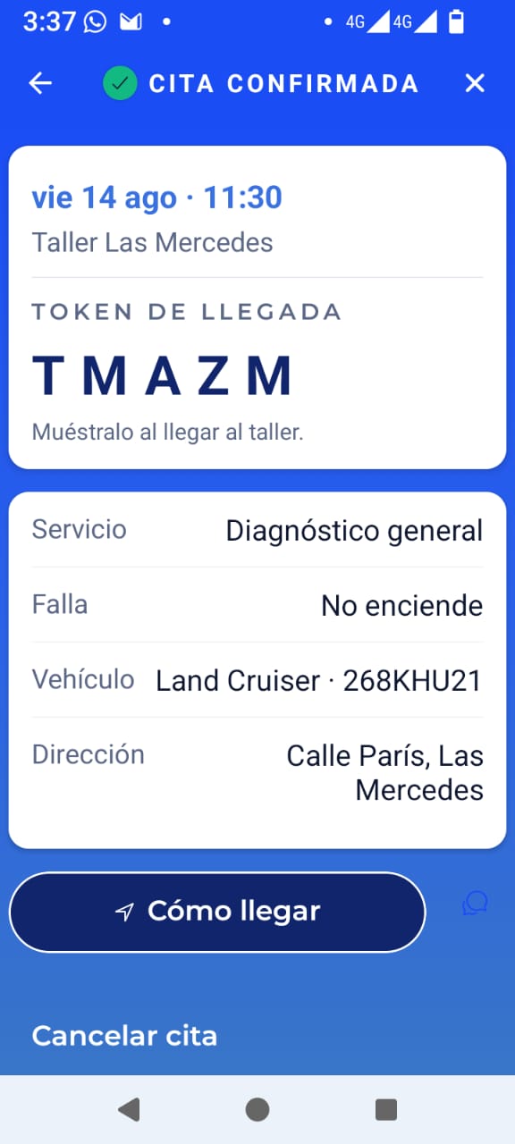 Cita confirmada en la app, con su código de llegada al taller