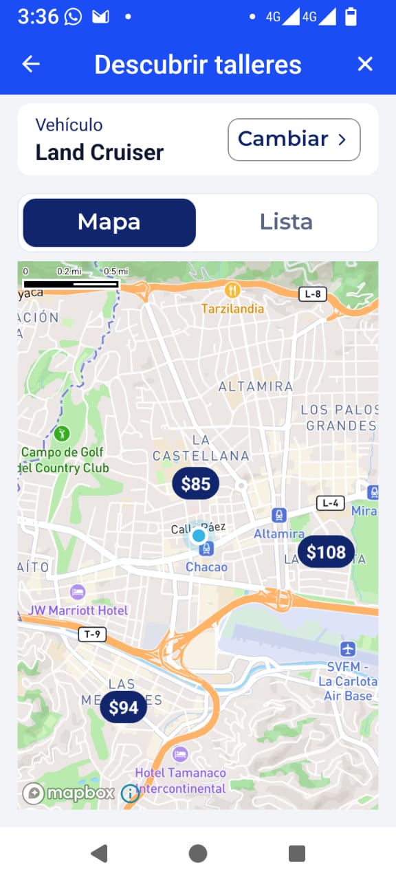 Mapa con los talleres cercanos y el precio del servicio en cada uno