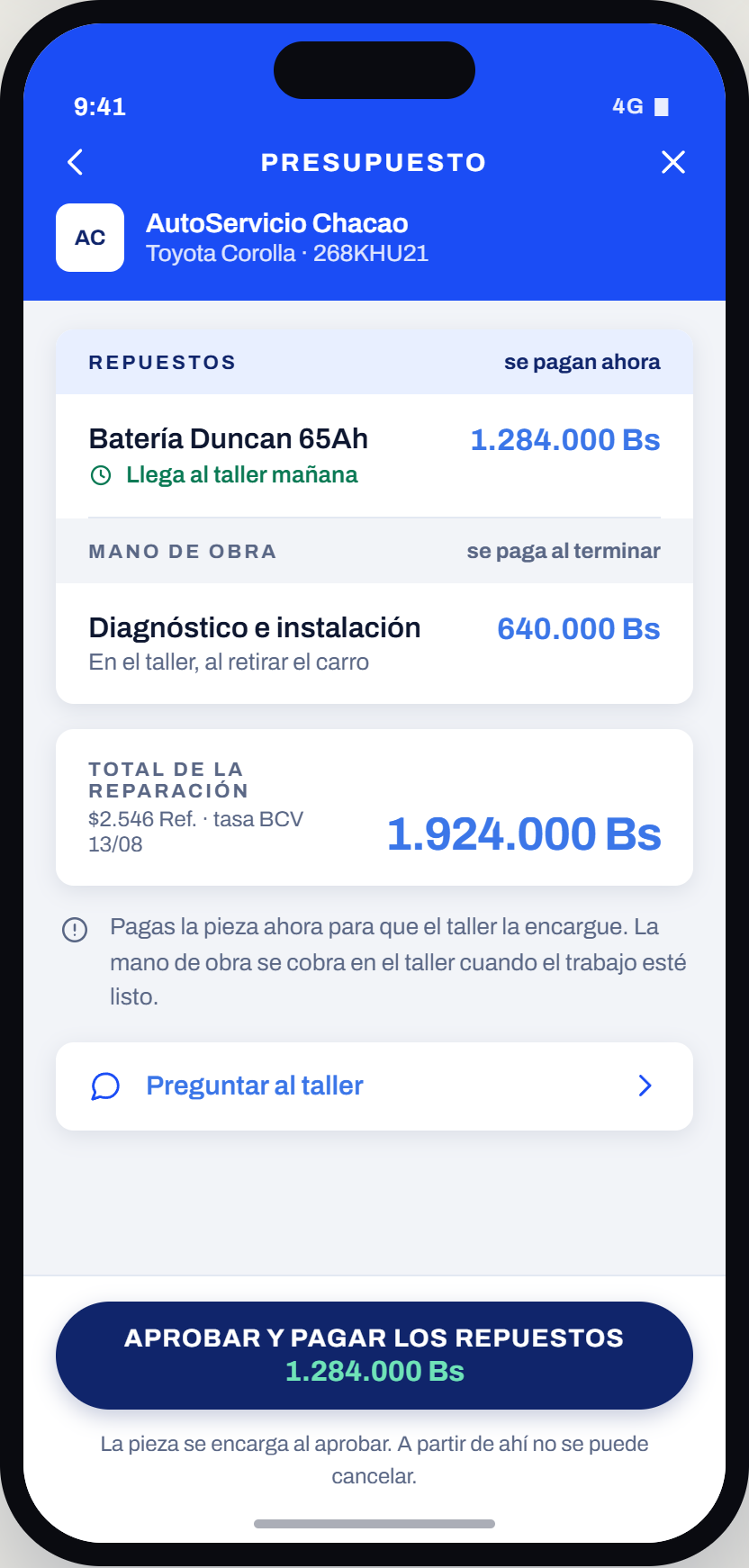 Diseño del marketplace de repuestos: presupuesto del taller con la pieza y la mano de obra separadas